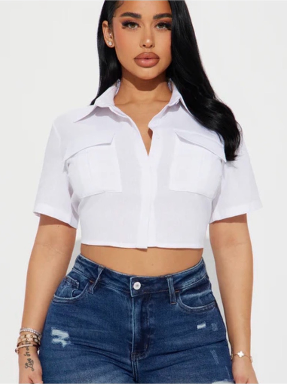 Fashion Nova White Cropped Button Front Utility Top